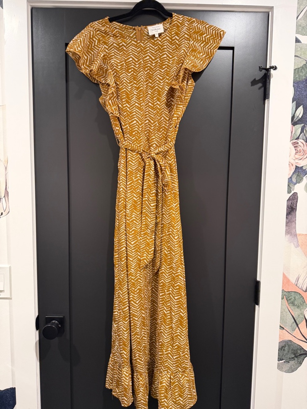 bohme Mustard Chevron Flutter-Sleeve Maxi Dress